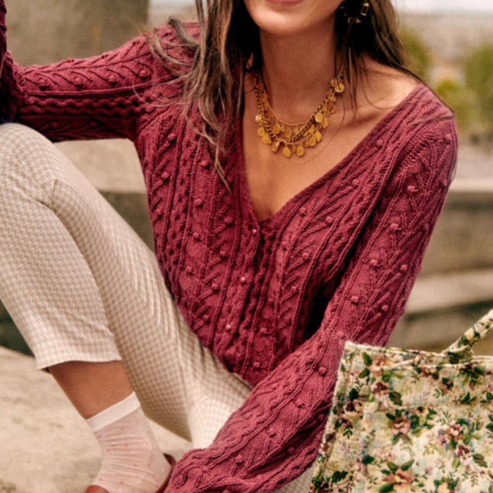 Sezane Beryl Cardigan Cotton Button Up Cable Knit Sweater Rosewood Small